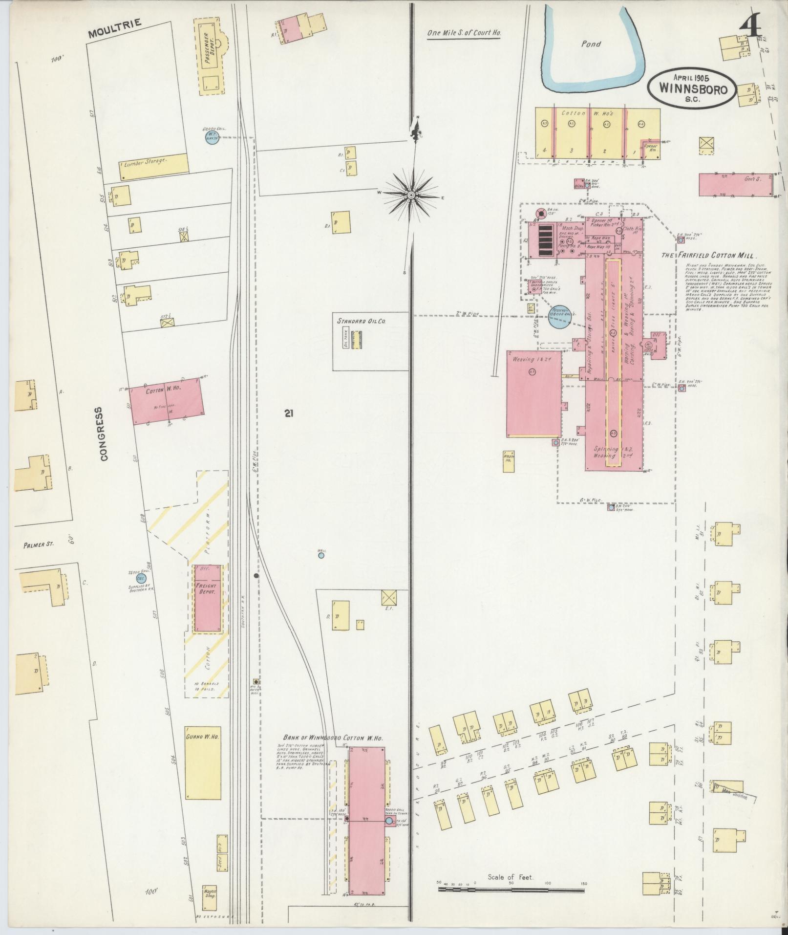 Sanborn Fire Insurance Map from Winnsboro, Fairfield County, South Carolina (1905), Sheet #0004 - Complete Map Set gallery image, historic Sanborn map, vintage wall art, South Carolina South Carolina