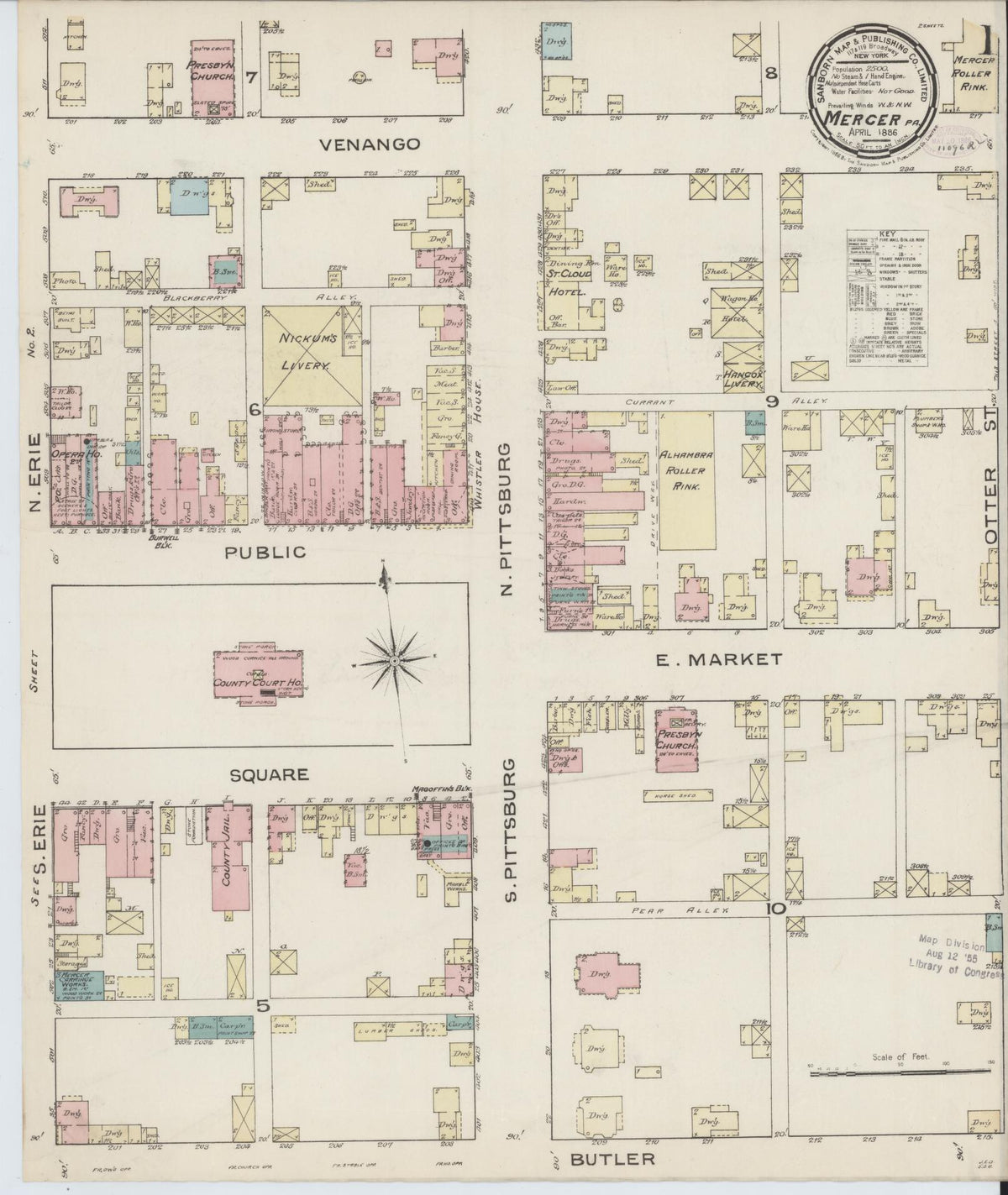 Sanborn Fire Insurance Map from Mercer, Mercer County, Pennsylvania (1886), Sheet #0001 - Complete Map Set gallery image, historic Sanborn map, vintage wall art, Pennsylvania Pennsylvania