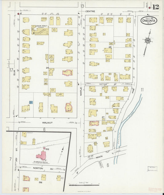 Sanborn Fire Insurance Map from Oneonta, Otsego County, New York (1916), Sheet #0012 - Historic Sanborn Fire Insurance Map Print, vintage old map wall art, antique decor, genealogy gift, New York New York map