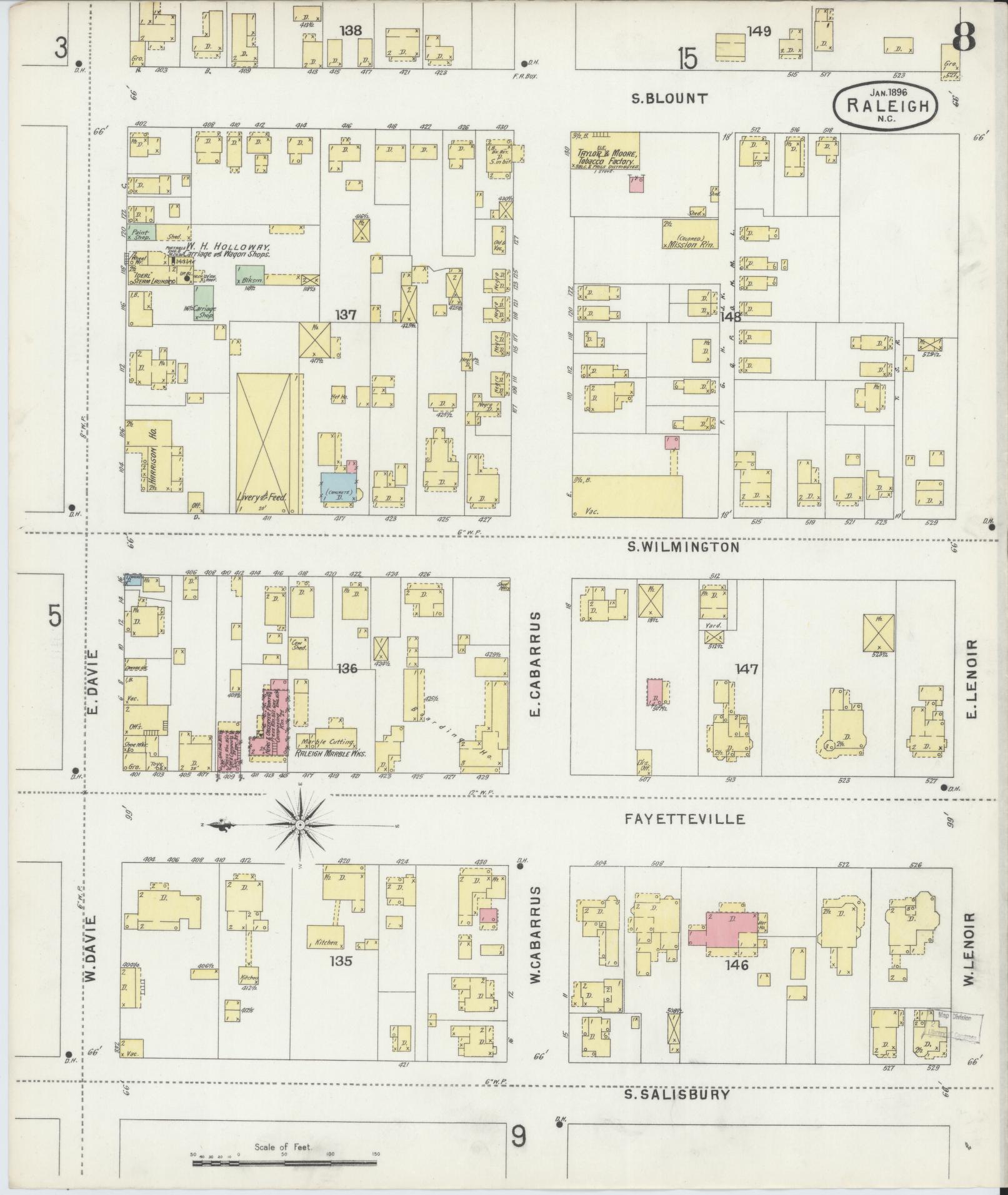 Sanborn Fire Insurance Map from Raleigh, Wake County, North Carolina (1896), Sheet #0008 - Historic Sanborn Fire Insurance Map Print, vintage old map wall art, antique decor, genealogy gift, North Carolina North Carolina map