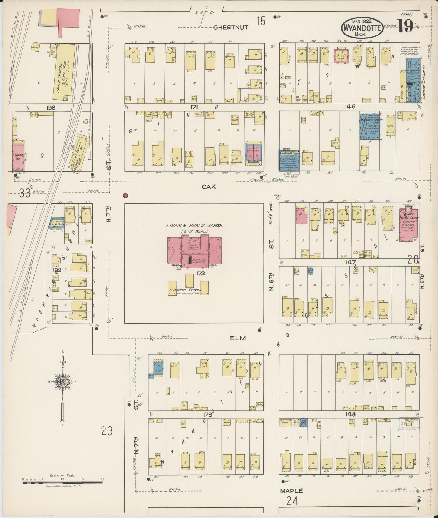 Sanborn Fire Insurance Map from Wyandotte, Wayne County, Michigan (1922), Sheet #0019 - Historic Sanborn Fire Insurance Map Print, vintage old map wall art, antique decor, genealogy gift, Michigan Michigan map