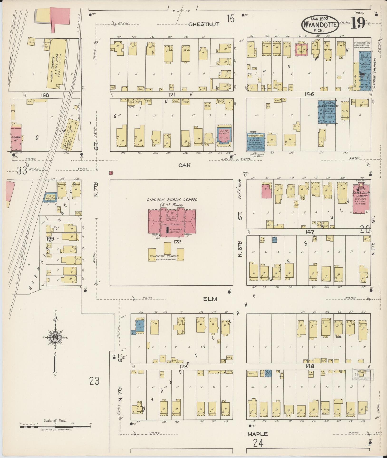 Sanborn Fire Insurance Map from Wyandotte, Wayne County, Michigan (1922), Sheet #0019 - Historic Sanborn Fire Insurance Map Print, vintage old map wall art, antique decor, genealogy gift, Michigan Michigan map