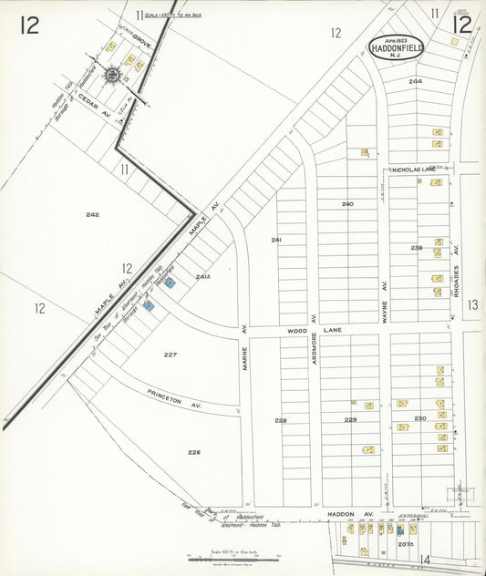 Sanborn Fire Insurance Map from Haddonfield, Camden County, New Jersey (1923), Sheet #0012 - Historic Sanborn Fire Insurance Map Print, vintage old map wall art, antique decor, genealogy gift, New Jersey New Jersey map