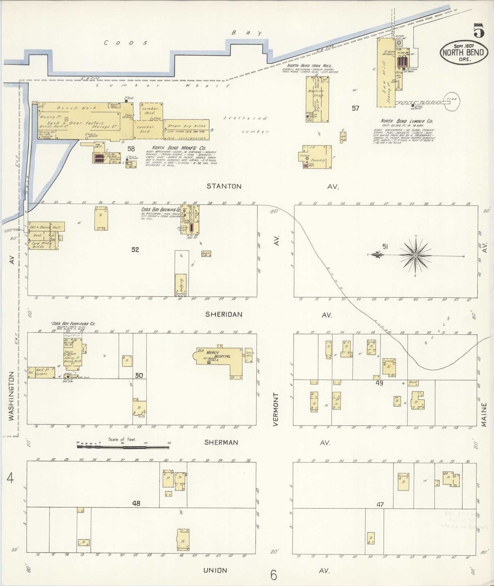Sanborn Fire Insurance Map from North Bend, Coos County, Oregon (1907), Sheet #0005 - Complete Map Set gallery image, historic Sanborn map, vintage wall art, Oregon Oregon