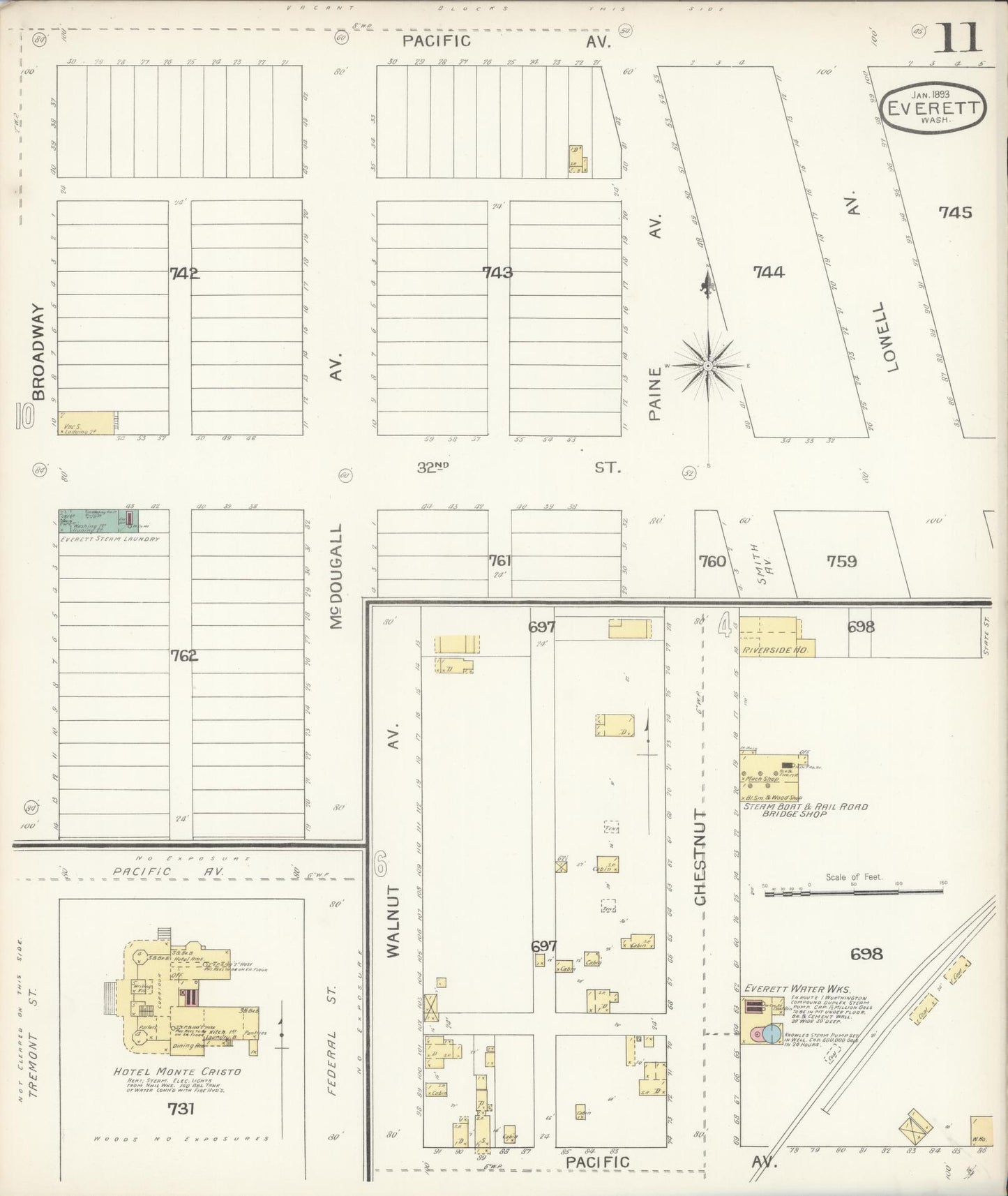 Sanborn Fire Insurance Map from Everett, Snohomish County, Washington (1893), Sheet #0010 - Historic Sanborn Fire Insurance Map Print, vintage old map wall art, antique decor, genealogy gift, Washington Washington map