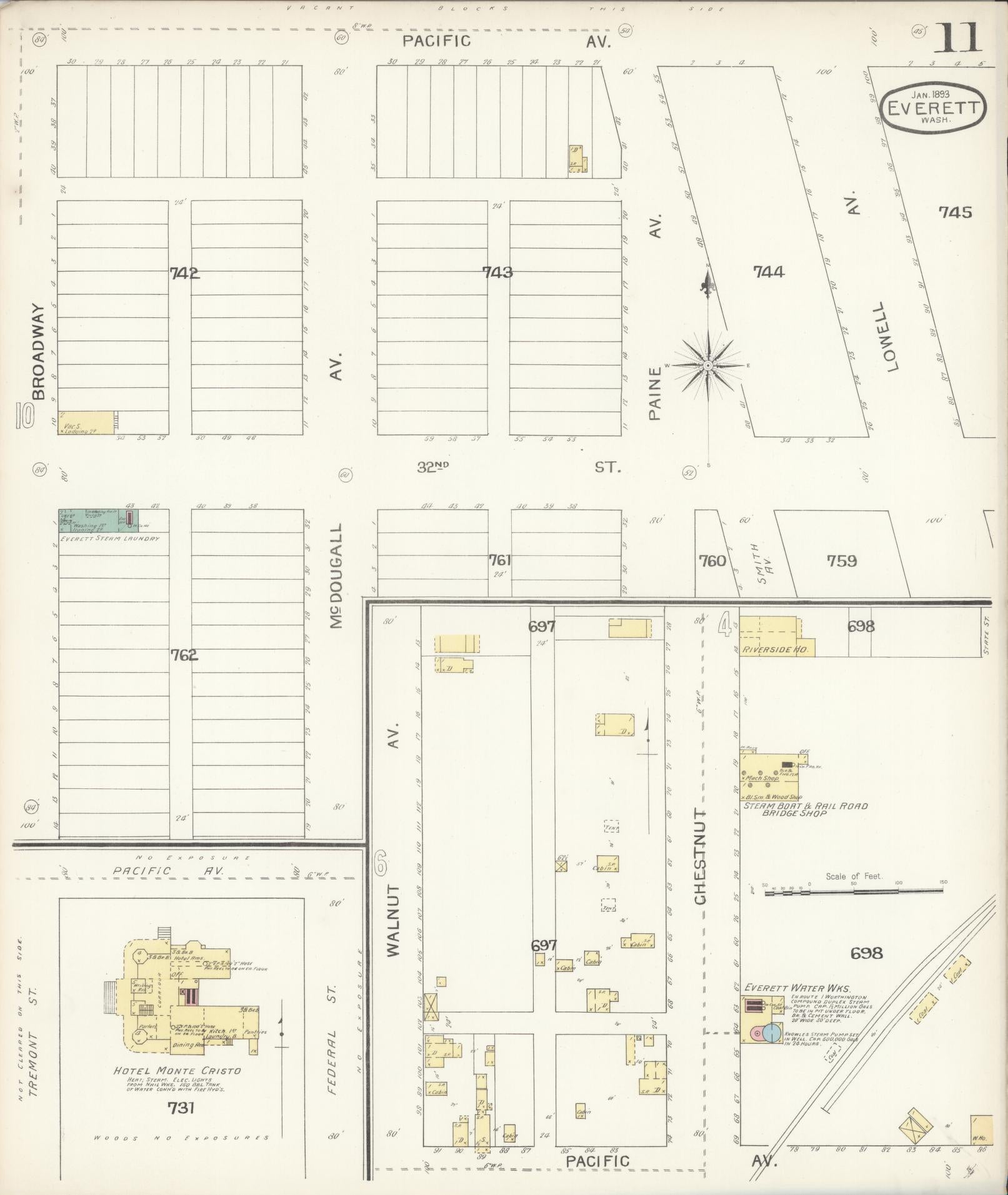 Sanborn Fire Insurance Map from Everett, Snohomish County, Washington (1893), Sheet #0010 - Historic Sanborn Fire Insurance Map Print, vintage old map wall art, antique decor, genealogy gift, Washington Washington map
