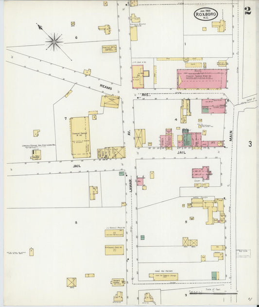 Sanborn Fire Insurance Map from Roxboro, Person County, North Carolina (1905), Sheet #0002 - Historic Sanborn Fire Insurance Map Print, vintage old map wall art, antique decor, genealogy gift, North Carolina North Carolina map