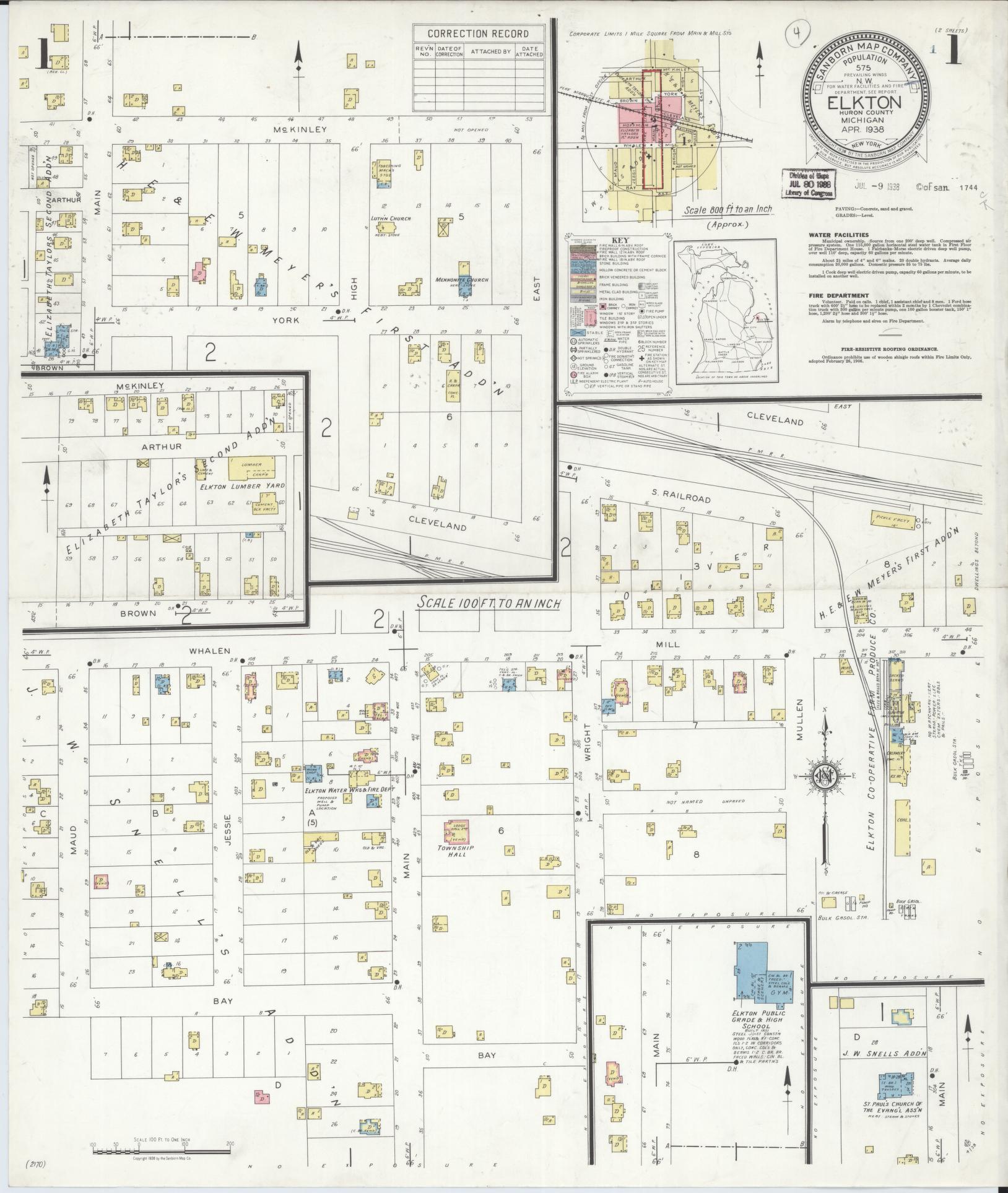 Sanborn Fire Insurance Map from Elkton, Huron County, Michigan (1938), Sheet #0001 - Complete Map Set gallery image, historic Sanborn map, vintage wall art, Michigan Michigan