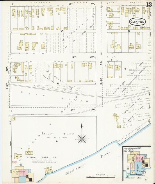 Sanborn Fire Insurance Map from Clinton, Clinton County, Iowa (1890), Sheet #0013 - Historic Sanborn Fire Insurance Map Print, vintage old map wall art