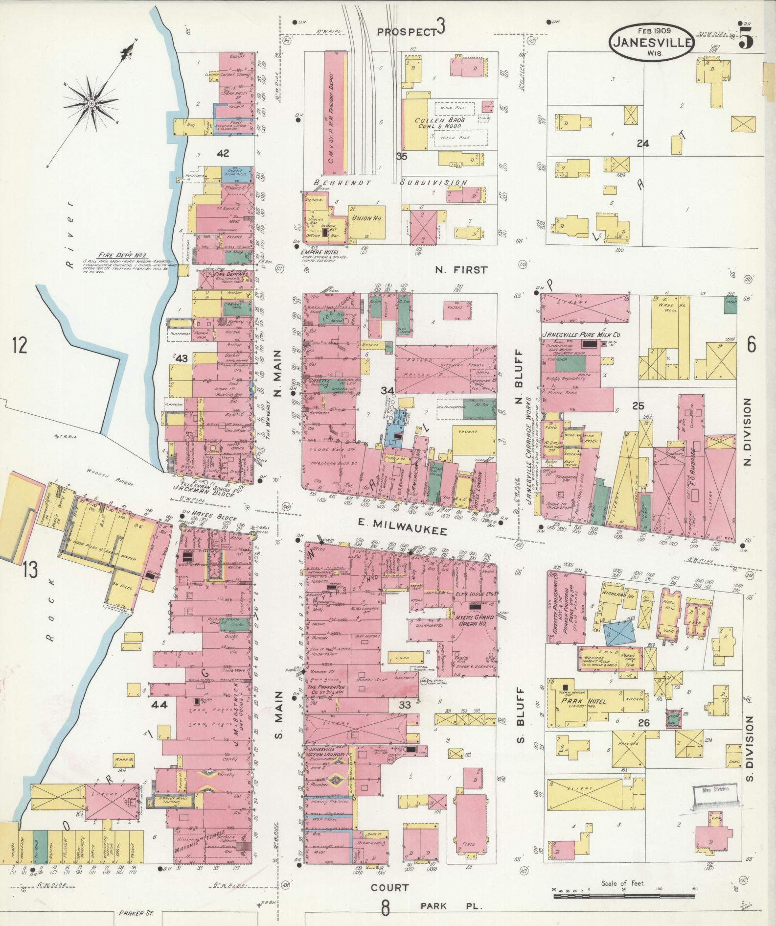 Sanborn Fire Insurance Map from Janesville, Rock County, Wisconsin (1909), Sheet #0005 - Complete Map Set gallery image, historic Sanborn map, vintage wall art, Wisconsin Wisconsin