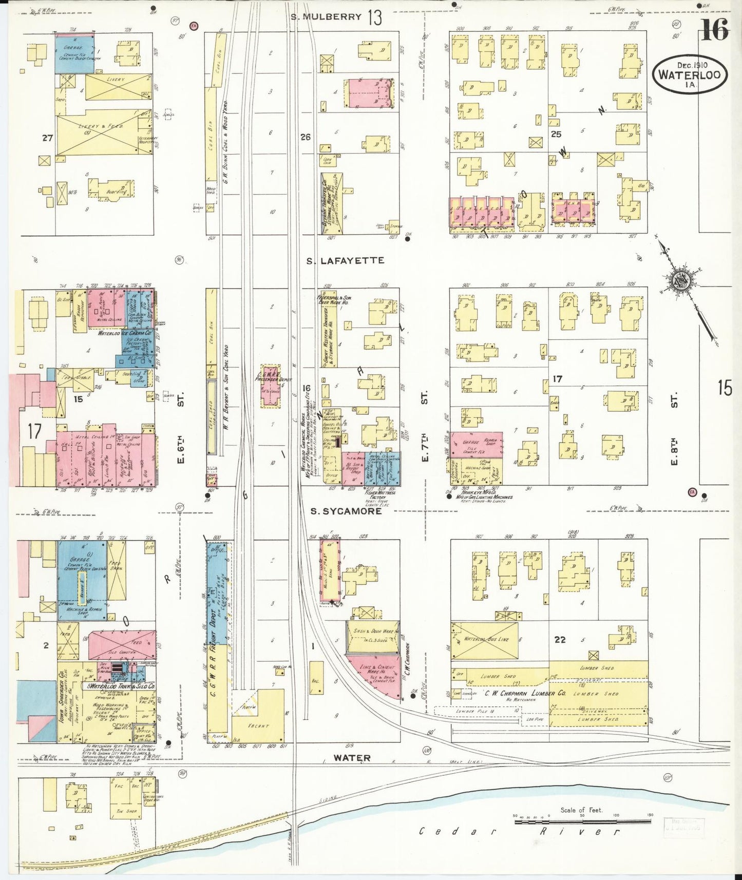 Sanborn Fire Insurance Map from Waterloo, Black Hawk County, Iowa (1910), Sheet #0016 - Historic Sanborn Fire Insurance Map Print, vintage old map wall art