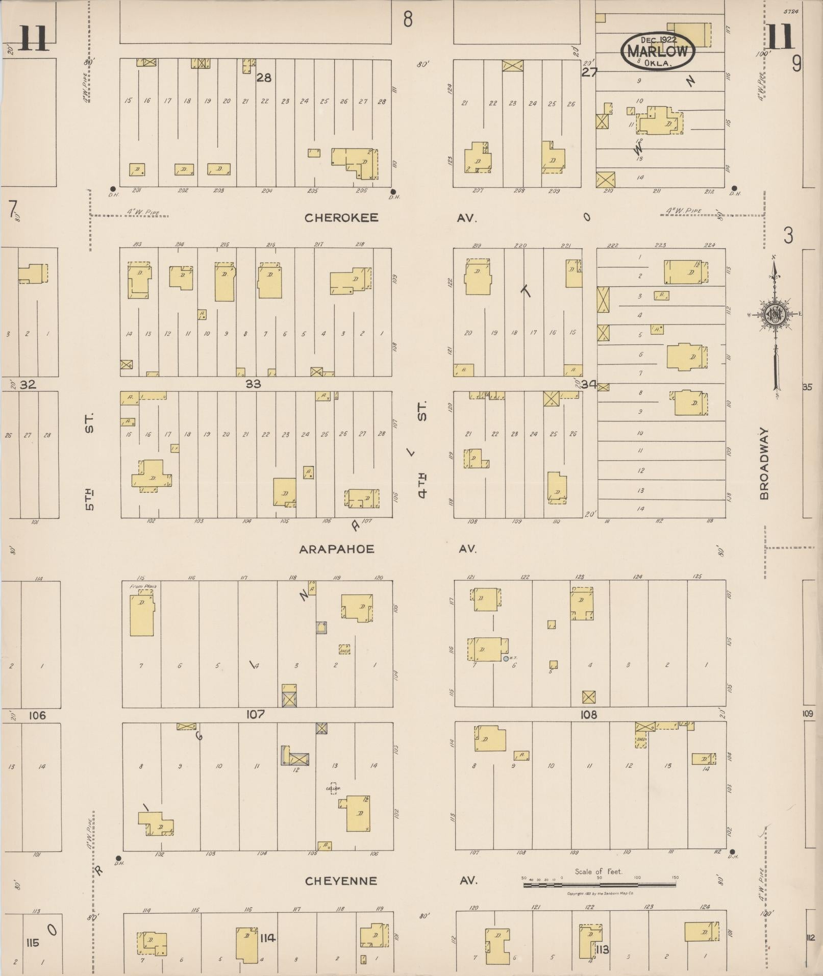 Sanborn Fire Insurance Map from Marlow, Stephens County, Oklahoma (1922), Sheet #0011 - Historic Sanborn Fire Insurance Map Print, vintage old map wall art, antique decor, genealogy gift, Oklahoma Oklahoma map