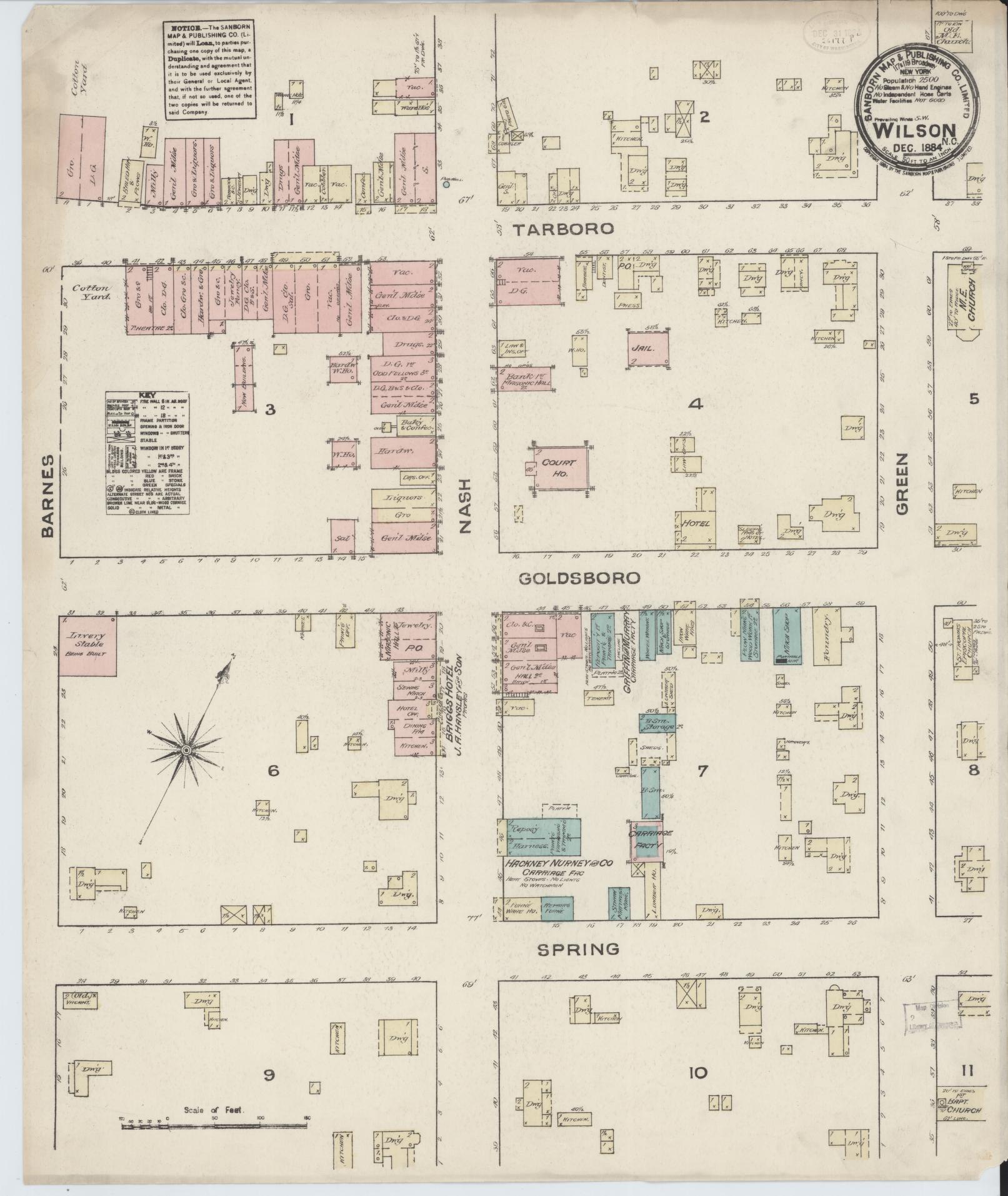 Sanborn Fire Insurance Map from Wilson, Wilson County, North Carolina (1884), Sheet #0001 - Historic Sanborn Fire Insurance Map Print, vintage old map wall art, antique decor, genealogy gift, North Carolina North Carolina map