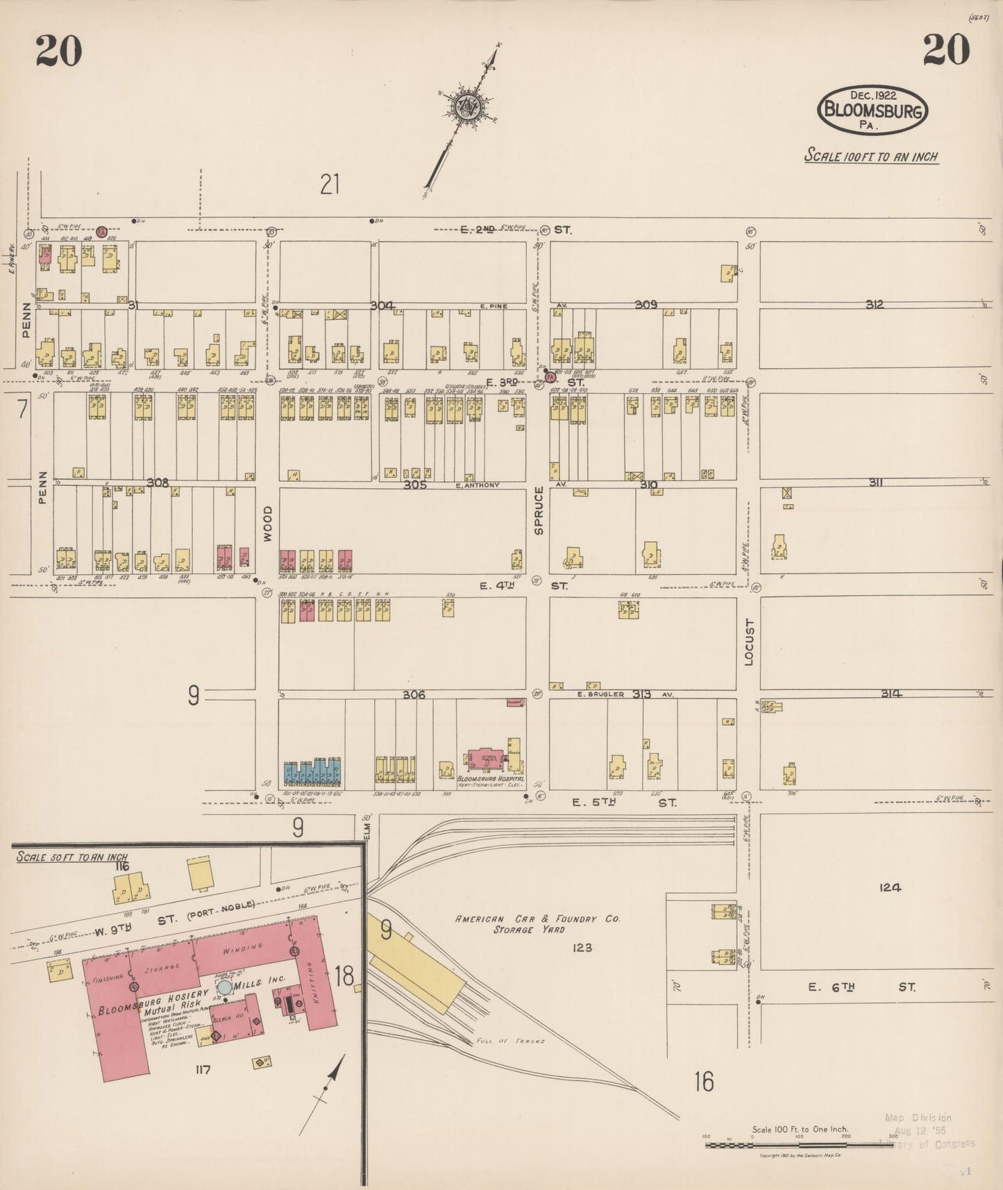 Sanborn Fire Insurance Map from Bloomsburg, Columbia County, Pennsylvania (1922), Sheet #0020 - Historic Sanborn Fire Insurance Map Print, vintage old map wall art, antique decor, genealogy gift, Pennsylvania Pennsylvania map