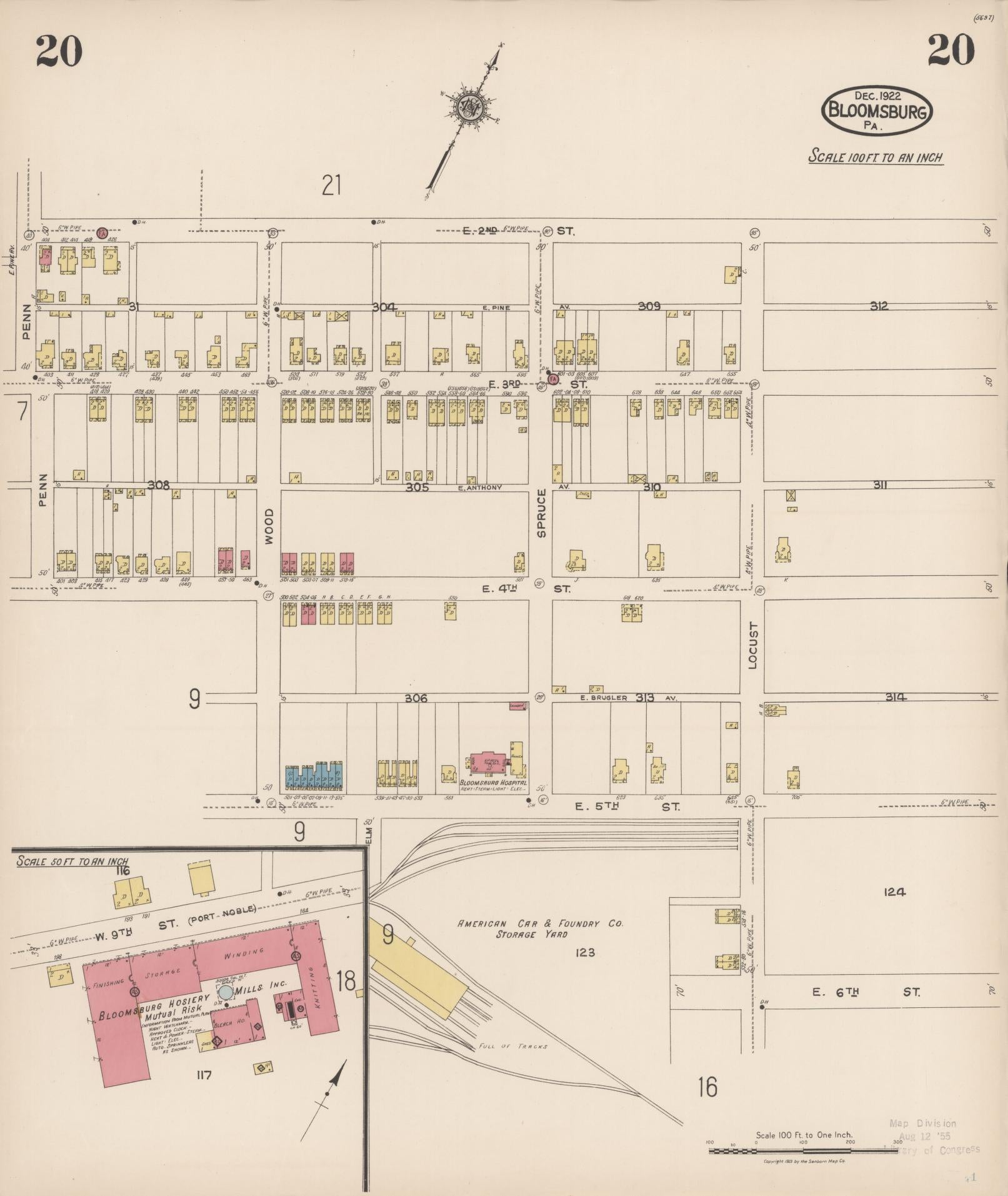 Sanborn Fire Insurance Map from Bloomsburg, Columbia County, Pennsylvania (1922), Sheet #0020 - Historic Sanborn Fire Insurance Map Print, vintage old map wall art, antique decor, genealogy gift, Pennsylvania Pennsylvania map