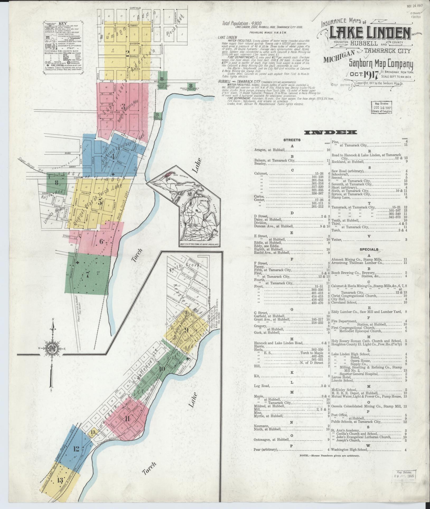 Sanborn Fire Insurance Map from Lake Linden, Houghton County, Michigan (1917), Sheet #0001 - Complete Map Set gallery image, historic Sanborn map, vintage wall art, Michigan Michigan