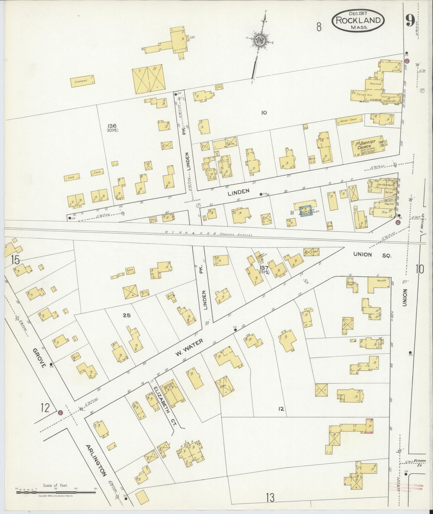 Sanborn Fire Insurance Map from Rockland, Plymouth County, Massachusetts (1917), Sheet #0009 - Complete Map Set gallery image, historic Sanborn map, vintage wall art, Massachusetts Massachusetts