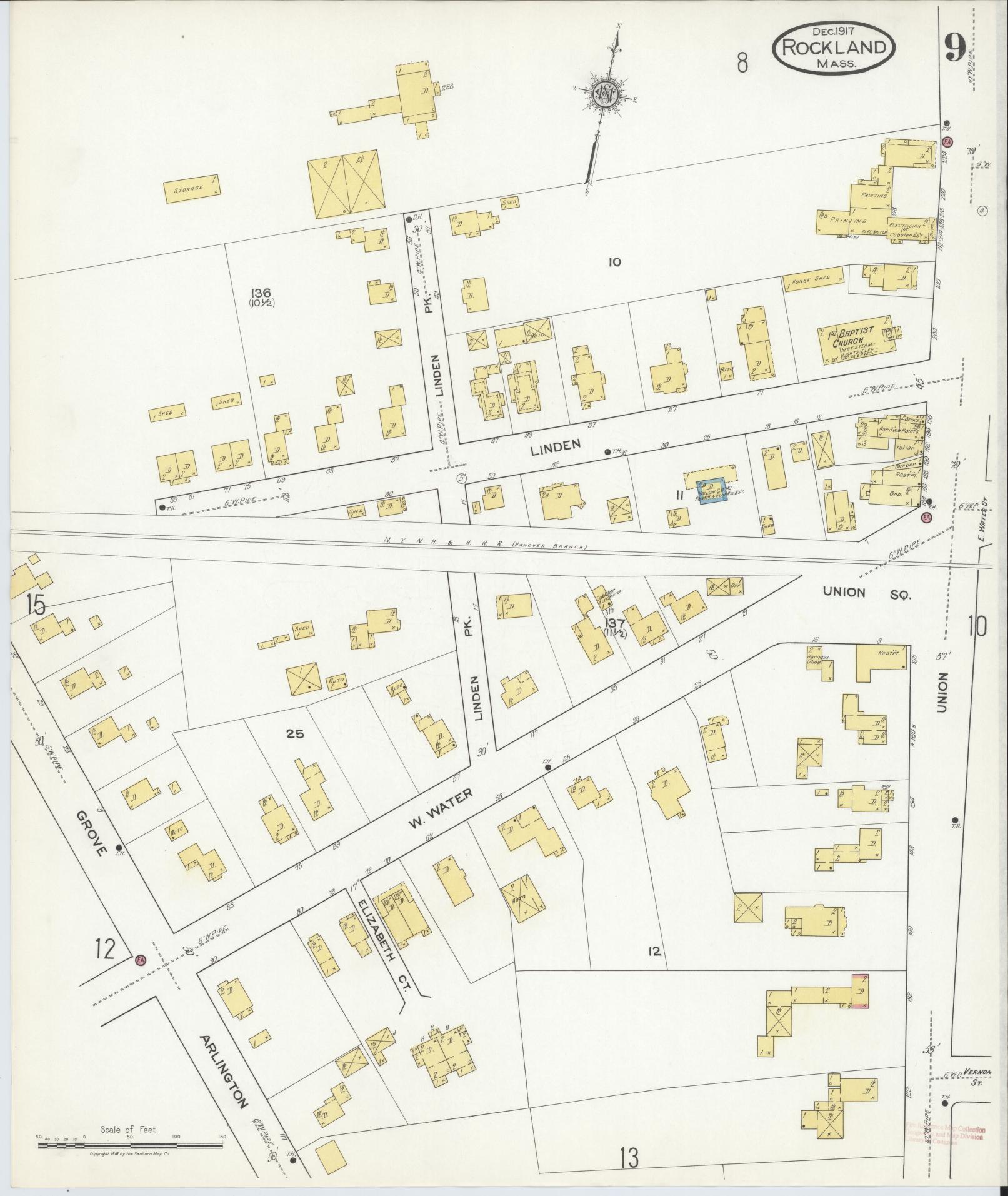 Sanborn Fire Insurance Map from Rockland, Plymouth County, Massachusetts (1917), Sheet #0009 - Complete Map Set gallery image, historic Sanborn map, vintage wall art, Massachusetts Massachusetts