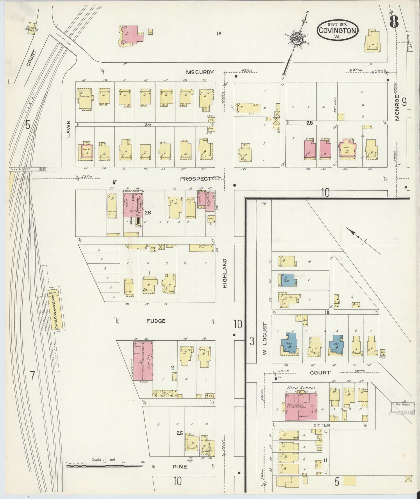 Sanborn Fire Insurance Map from Covington, Independent Cities, Virginia (1913), Sheet #0008 - Complete Map Set gallery image, historic Sanborn map, vintage wall art, Virginia Virginia