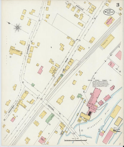 Sanborn Fire Insurance Map from Millville, Worcester County, Massachusetts (1898), Sheet #0003 - Historic Sanborn Fire Insurance Map Print, vintage old map wall art, antique decor, genealogy gift, Massachusetts Massachusetts map