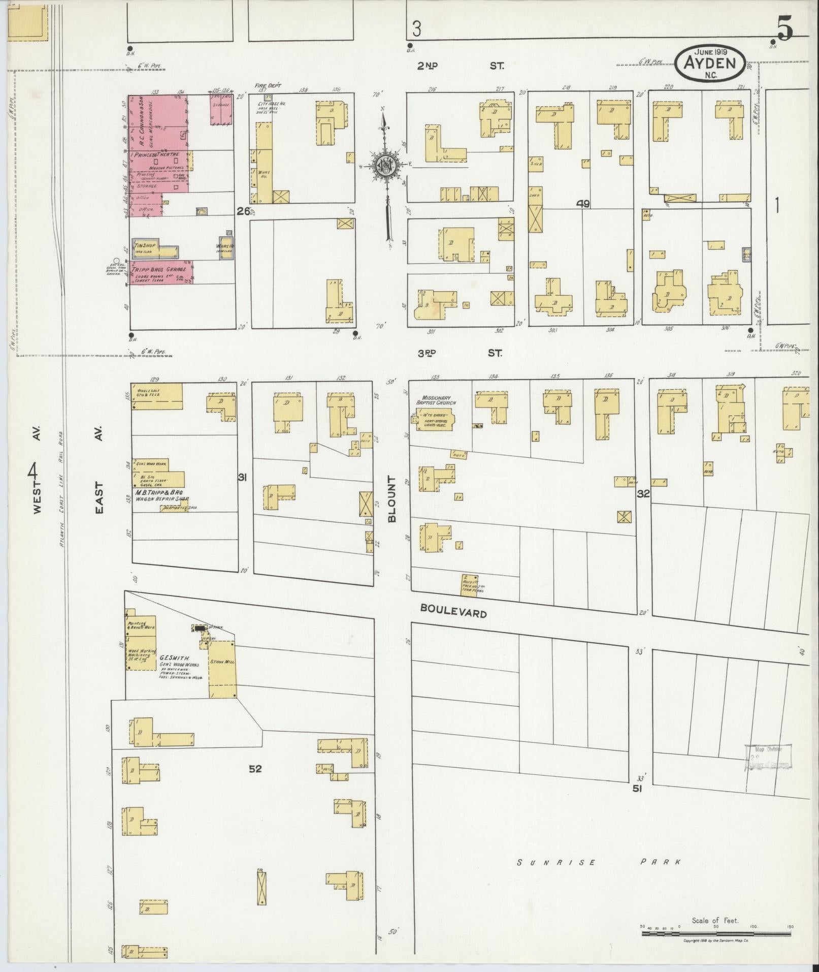Sanborn Fire Insurance Map from Ayden, Pitt County, North Carolina (1919), Sheet #0005 - Complete Map Set gallery image, historic Sanborn map, vintage wall art, North Carolina North Carolina
