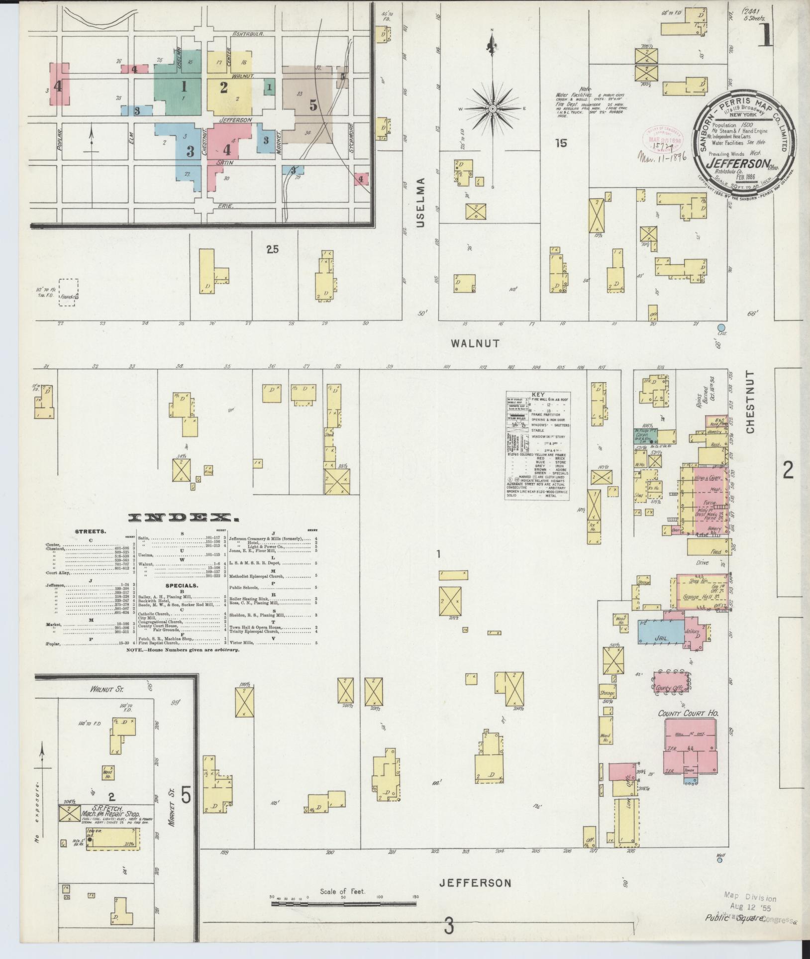 Sanborn Fire Insurance Map from Jefferson, Ashtabula County, Ohio (1896), Sheet #0001 - Historic Sanborn Fire Insurance Map Print, vintage old map wall art, antique decor, genealogy gift, Ohio Ohio map