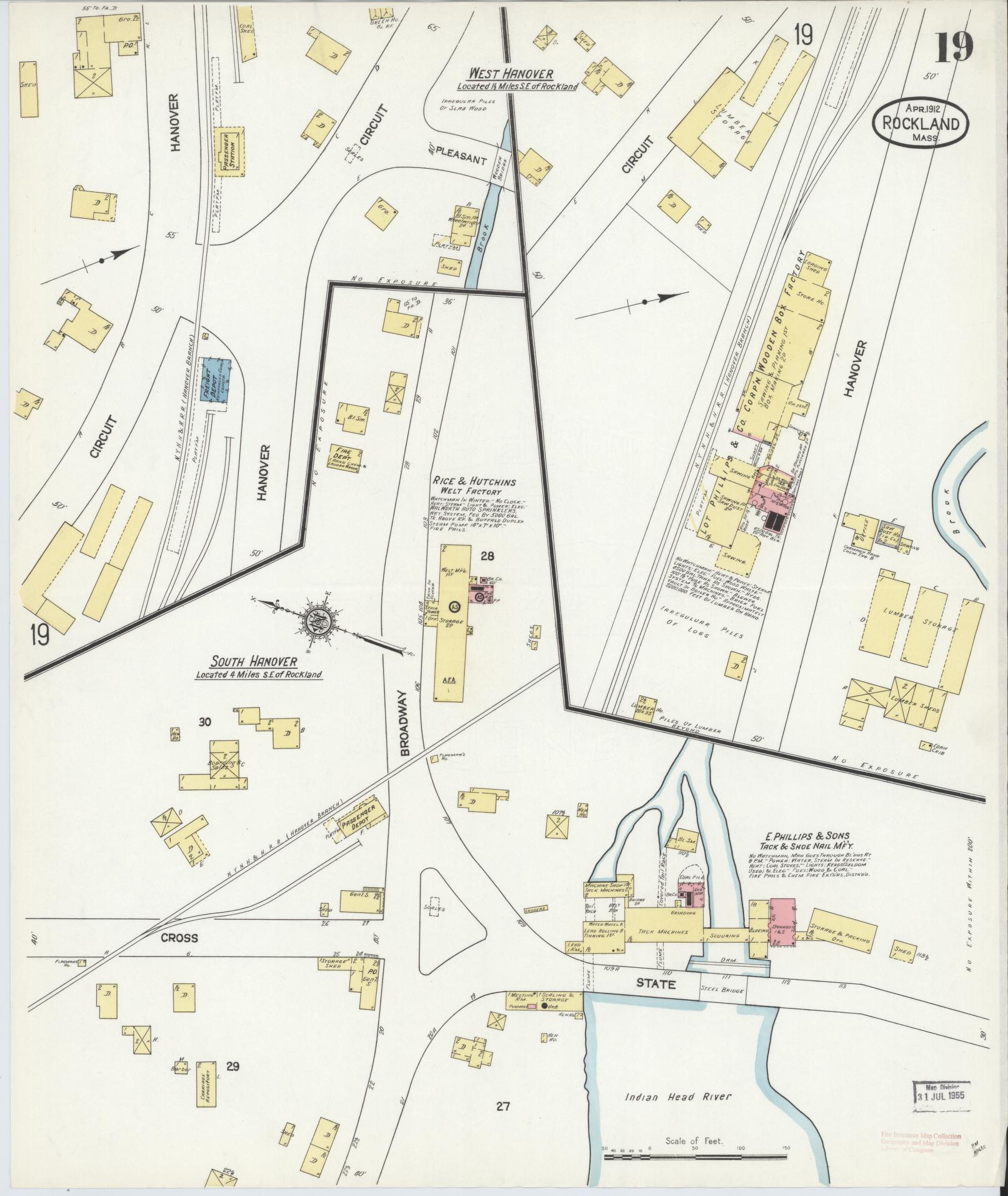 Sanborn Fire Insurance Map from Rockland, Plymouth County, Massachusetts (1912), Sheet #0019 - Complete Map Set gallery image, historic Sanborn map, vintage wall art, Massachusetts Massachusetts