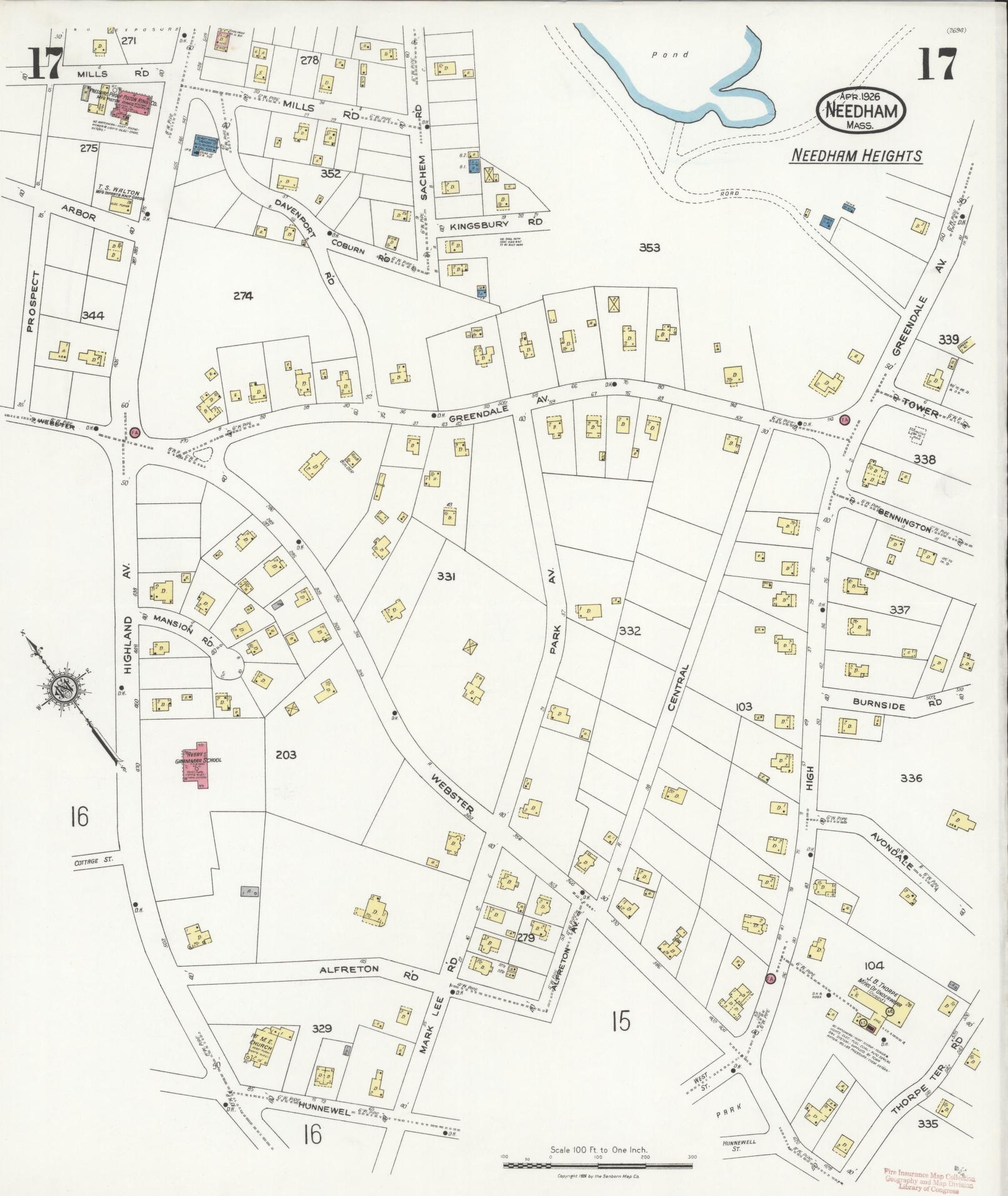 Sanborn Fire Insurance Map from Needham, Norfolk County, Massachusetts (1926), Sheet #0017 - Complete Map Set gallery image, historic Sanborn map, vintage wall art, Massachusetts Massachusetts