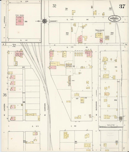 Sanborn Fire Insurance Map from Phoenix, Maricopa County, Arizona (1911), Sheet #0037 - Complete Map Set gallery image, historic Sanborn map, vintage wall art, Arizona Arizona