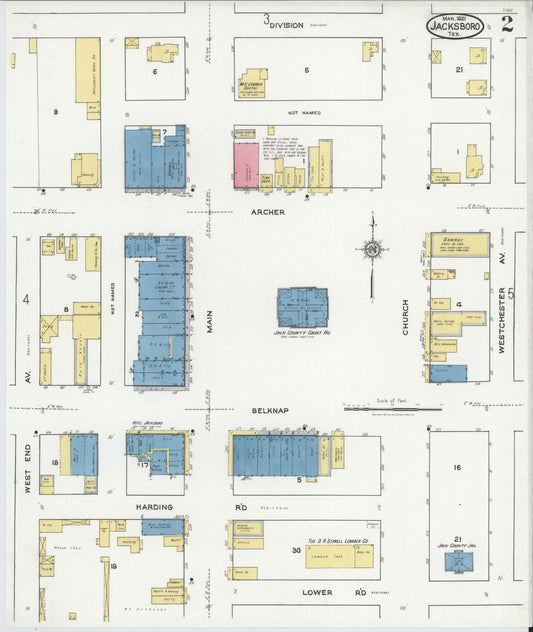 Sanborn Fire Insurance Map from Jacksboro, Jack County, Texas (1921), Sheet #0002 - Historic Sanborn Fire Insurance Map Print, vintage old map wall art, antique decor, genealogy gift, Texas Texas map