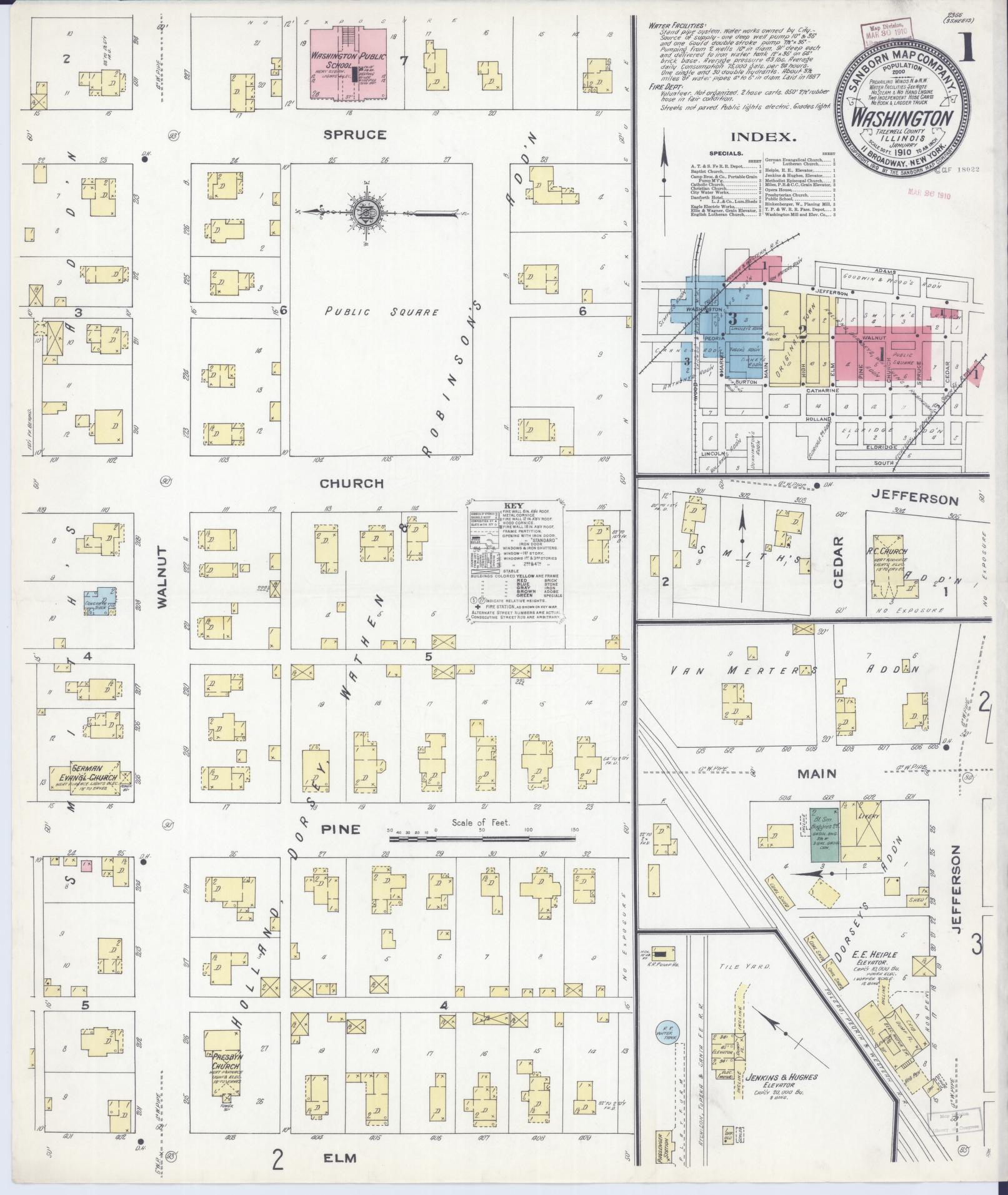Sanborn Fire Insurance Map from Washington, Tazewell County, Illinois (1910), Sheet #0001 - Historic Sanborn Fire Insurance Map Print, vintage old map wall art, antique decor, genealogy gift, Washington Washington map