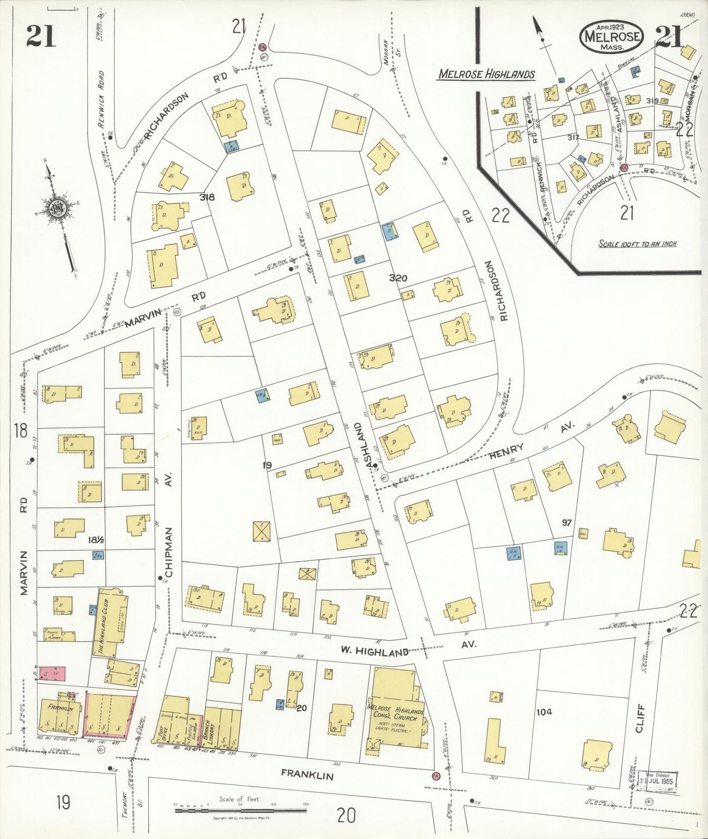 Sanborn Fire Insurance Map from Melrose, Middlesex County, Massachusetts (1923), Sheet #0021 - Complete Map Set gallery image, historic Sanborn map, vintage wall art, Massachusetts Massachusetts