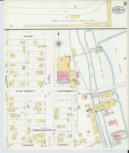 Sanborn Fire Insurance Map from Big Rapids, Mecosta County, Michigan (1908), Sheet #0003 - Complete Map Set gallery image, historic Sanborn map, vintage wall art, Michigan Michigan