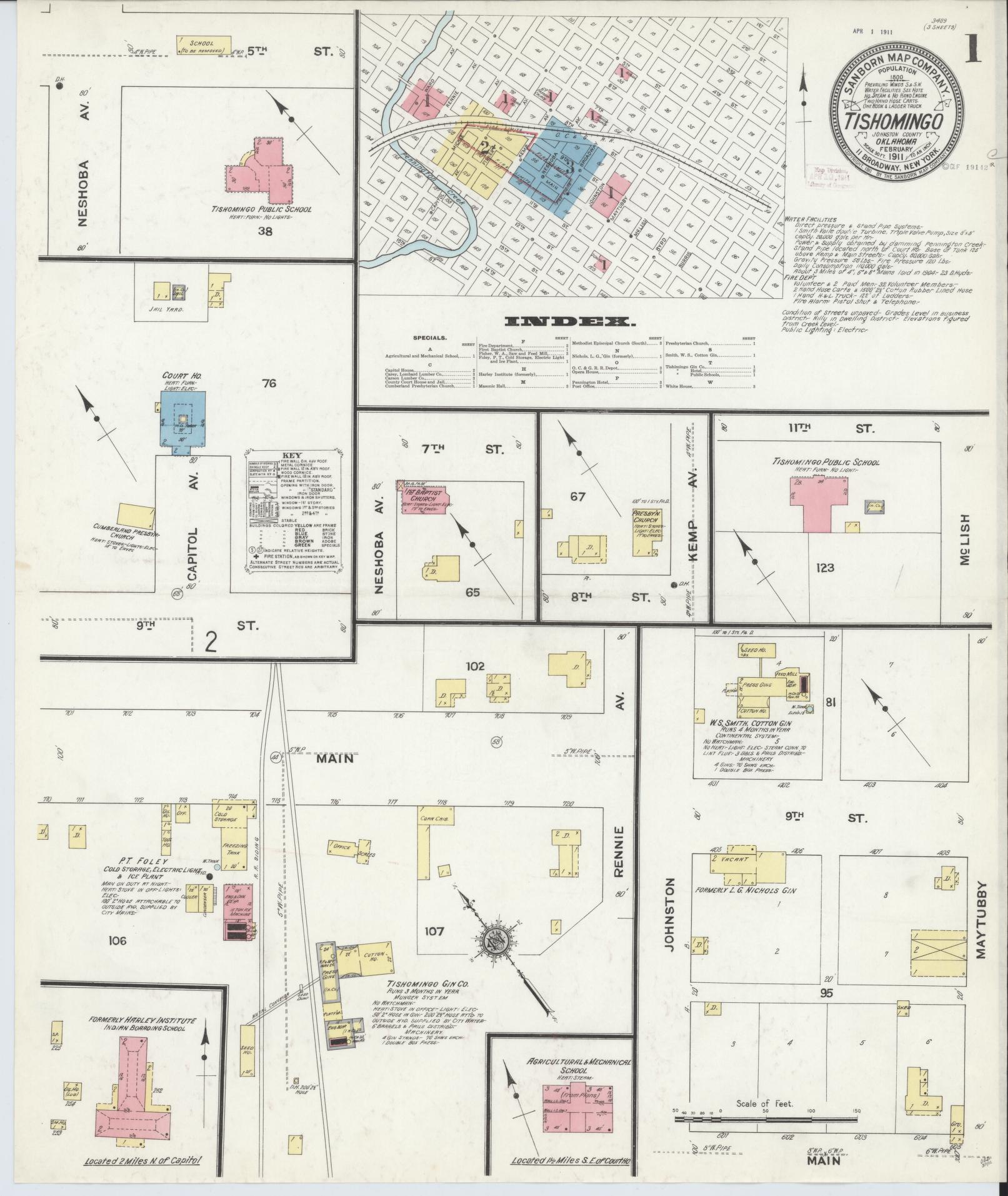 Sanborn Fire Insurance Map from Tishomingo, Johnston County, Oklahoma (1911), Sheet #0001 - Historic Sanborn Fire Insurance Map Print, vintage old map wall art, antique decor, genealogy gift, Oklahoma Oklahoma map