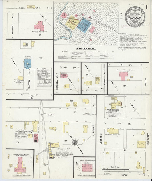 Sanborn Fire Insurance Map from Tishomingo, Johnston County, Oklahoma (1911), Sheet #0001 - Historic Sanborn Fire Insurance Map Print, vintage old map wall art, antique decor, genealogy gift, Oklahoma Oklahoma map