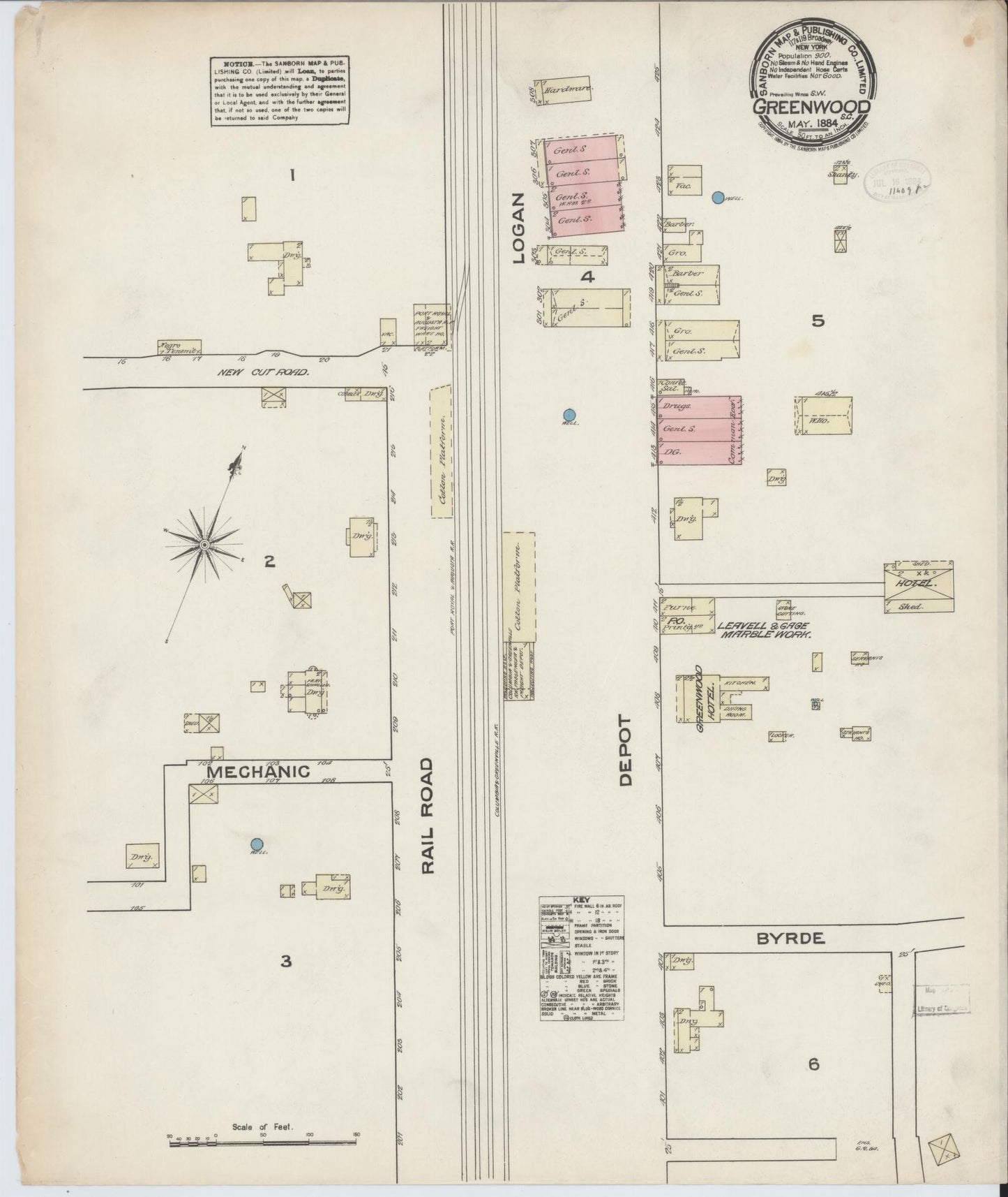 Sanborn Fire Insurance Map from Greenwood, Greenwood County, South Carolina (1884), Sheet #0001 - Historic Sanborn Fire Insurance Map Print, vintage old map wall art, antique decor, genealogy gift, South Carolina South Carolina map