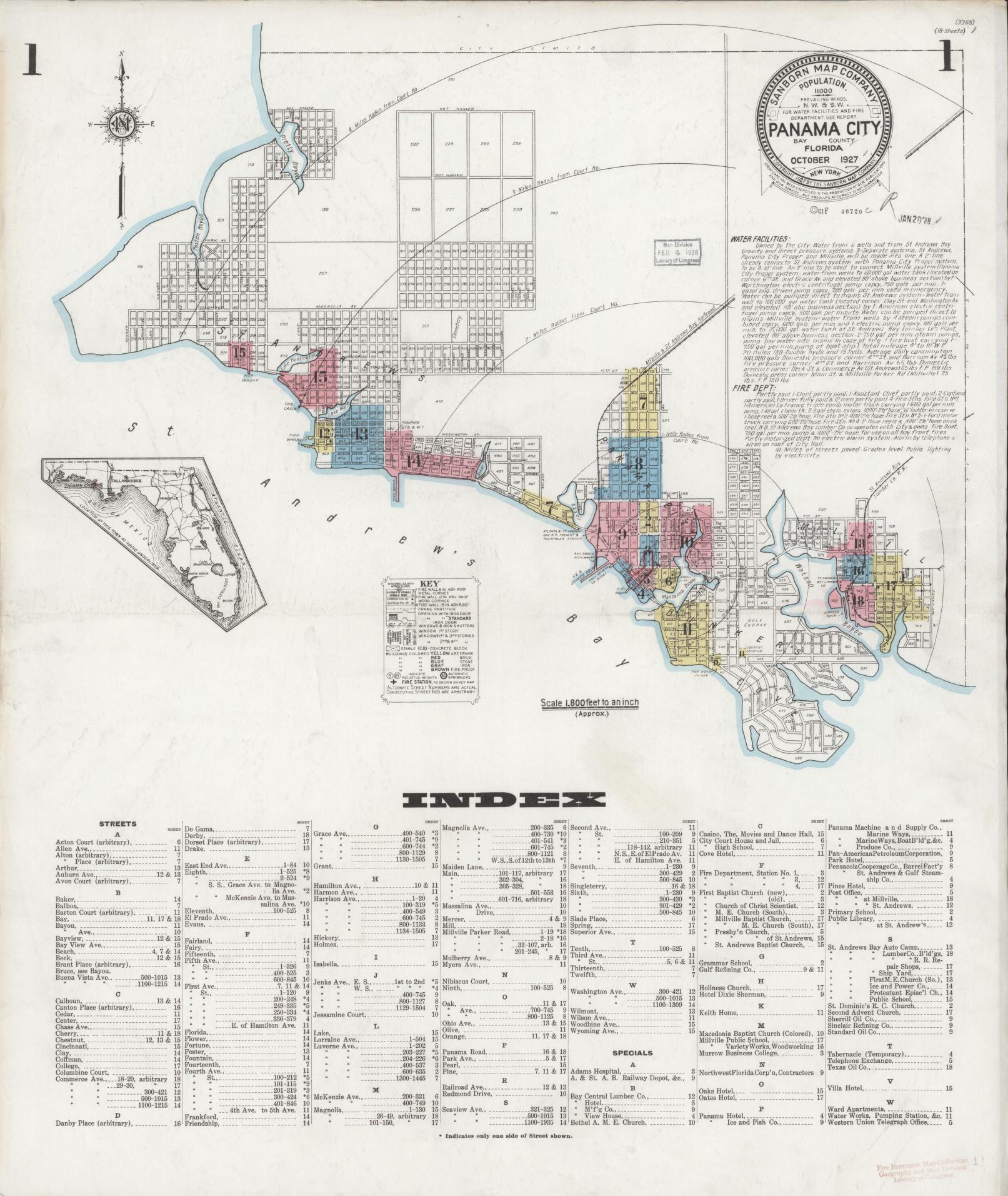 Sanborn Fire Insurance Map from Panama City, Bay County, Florida (1927), Sheet #0001 - Complete Map Set gallery image, historic Sanborn map, vintage wall art, Florida Florida