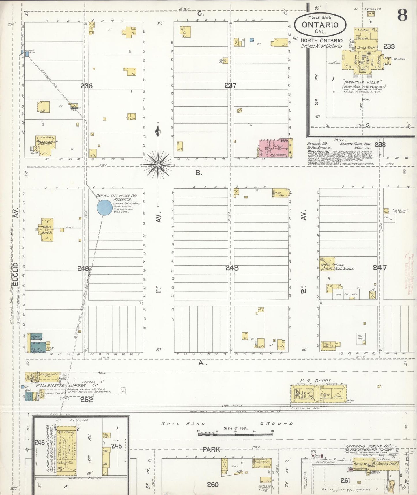 Sanborn Fire Insurance Map from Ontario, San Bernardino County, California (1895), Sheet #0008 - Historic Sanborn Fire Insurance Map Print, vintage old map wall art, antique decor, genealogy gift, California California map