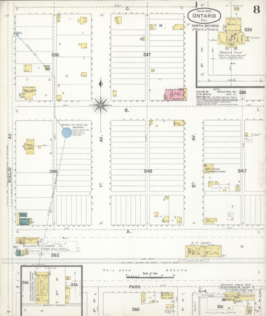 Sanborn Fire Insurance Map from Ontario, San Bernardino County, California (1895), Sheet #0008 - Historic Sanborn Fire Insurance Map Print, vintage old map wall art, antique decor, genealogy gift, California California map
