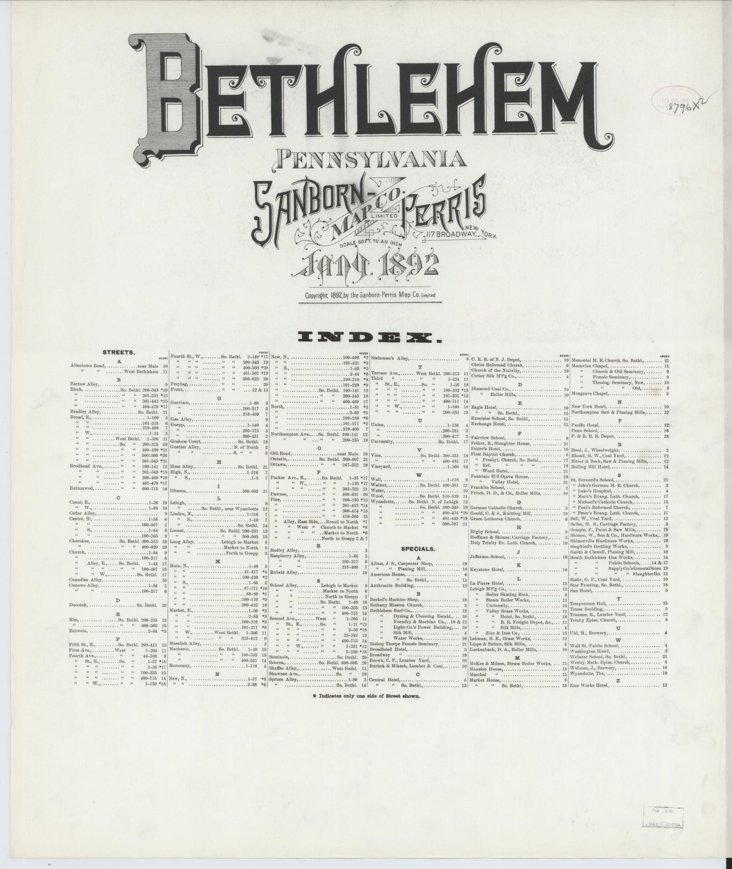 Sanborn Fire Insurance Map from Bethlehem, Northampton And Lehigh Counties, Pennsylvania (1892), Sheet #0001 - Historic Sanborn Fire Insurance Map Print, vintage old map wall art, antique decor, genealogy gift, Pennsylvania Pennsylvania map