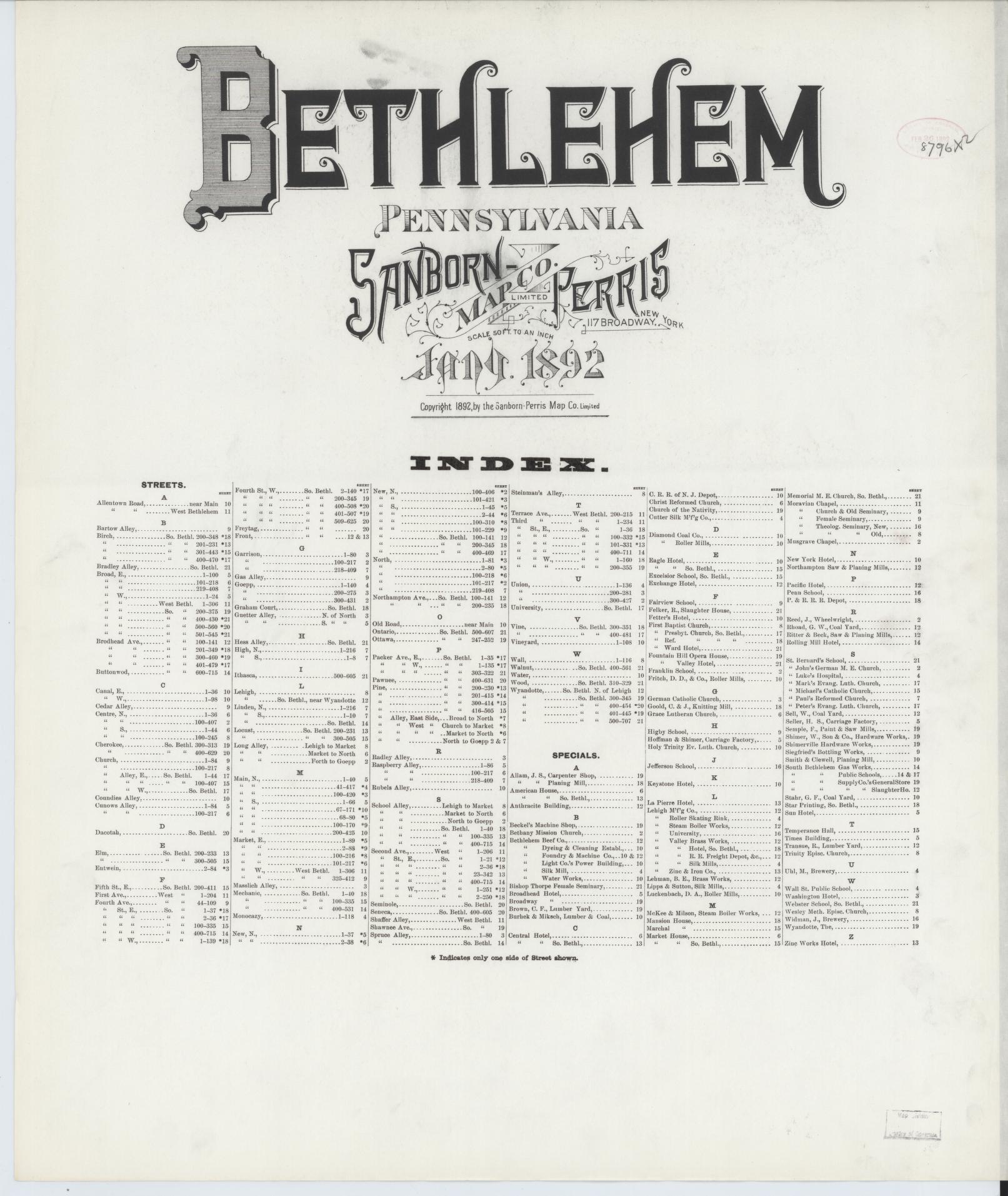 Sanborn Fire Insurance Map from Bethlehem, Northampton And Lehigh Counties, Pennsylvania (1892), Sheet #0001 - Historic Sanborn Fire Insurance Map Print, vintage old map wall art, antique decor, genealogy gift, Pennsylvania Pennsylvania map