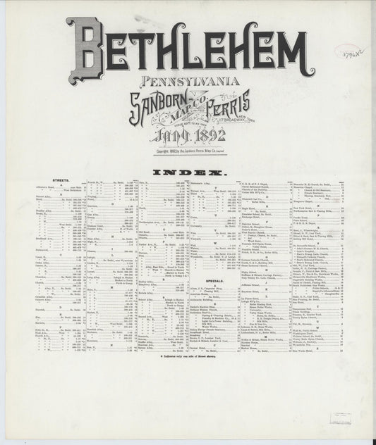 Sanborn Fire Insurance Map from Bethlehem, Northampton And Lehigh Counties, Pennsylvania (1892), Sheet #0001 - Historic Sanborn Fire Insurance Map Print, vintage old map wall art, antique decor, genealogy gift, Pennsylvania Pennsylvania map