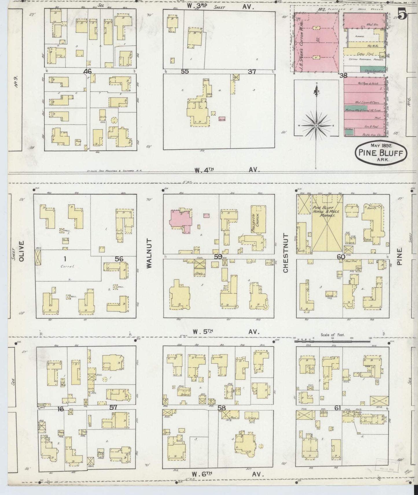 Sanborn Fire Insurance Map from Pine Bluff, Jefferson County, Arkansas (1892), Sheet #0005 - Complete Map Set gallery image, historic Sanborn map, vintage wall art, Arkansas Arkansas