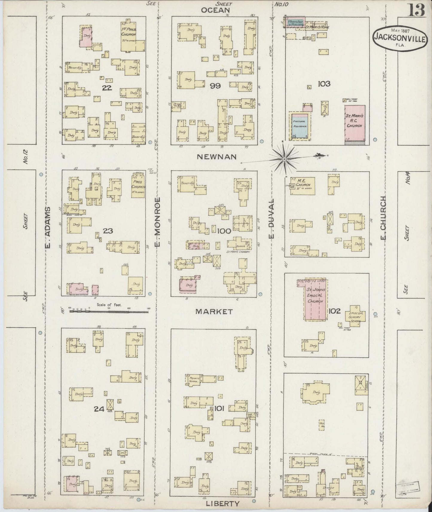 Sanborn Fire Insurance Map from Jacksonville, Duval County, Florida (1887), Sheet #0013 - Historic Sanborn Fire Insurance Map Print, vintage old map wall art, antique decor, genealogy gift, Florida Florida map