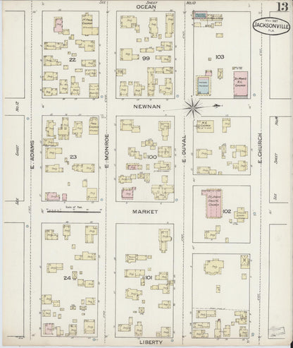Sanborn Fire Insurance Map from Jacksonville, Duval County, Florida (1887), Sheet #0013 - Historic Sanborn Fire Insurance Map Print, vintage old map wall art, antique decor, genealogy gift, Florida Florida map