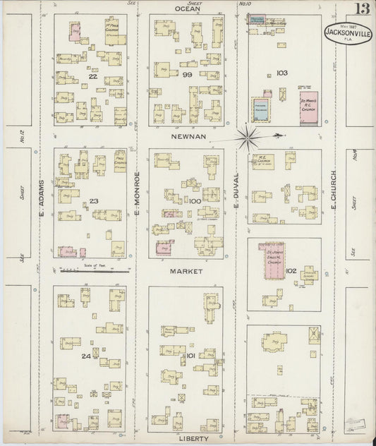 Sanborn Fire Insurance Map from Jacksonville, Duval County, Florida (1887), Sheet #0013 - Historic Sanborn Fire Insurance Map Print, vintage old map wall art, antique decor, genealogy gift, Florida Florida map