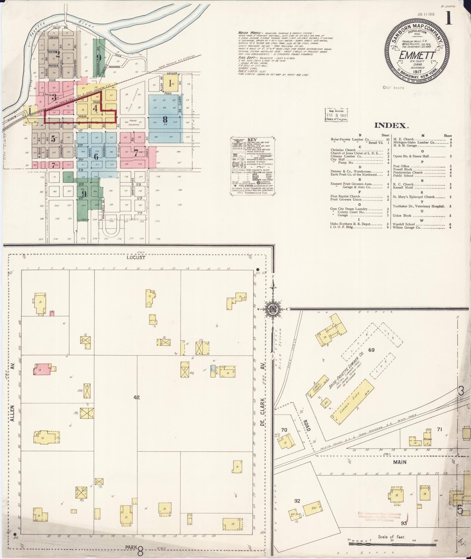 Sanborn Fire Insurance Map from Emmett, Gem County, Idaho (1917), Sheet #0001 - Complete Map Set gallery image, historic Sanborn map, vintage wall art, Idaho Idaho