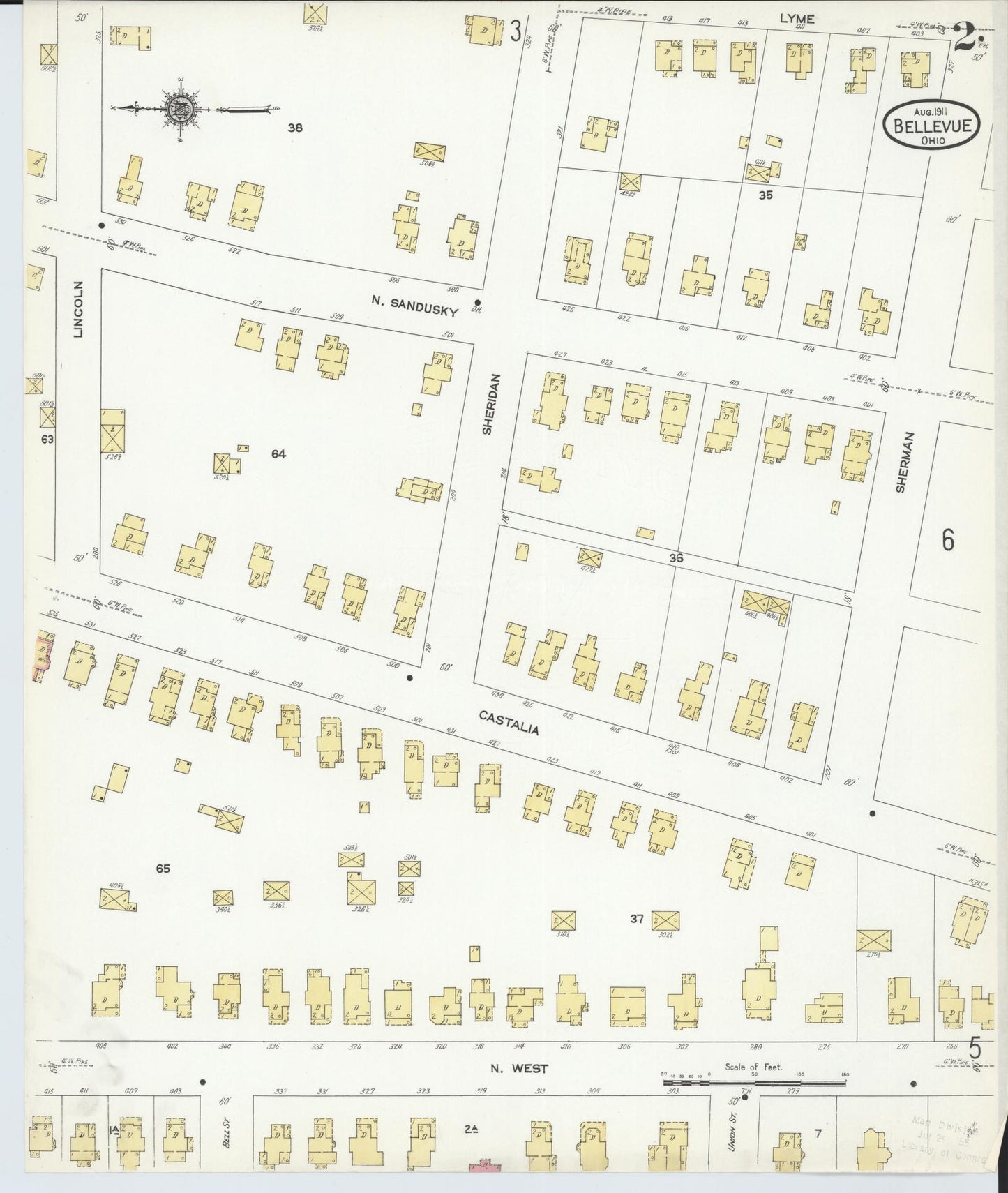 Sanborn Fire Insurance Map from Bellevue, Huron And Sandusky County, Ohio (1911), Sheet #0002 - Complete Map Set gallery image, historic Sanborn map, vintage wall art, Ohio Ohio