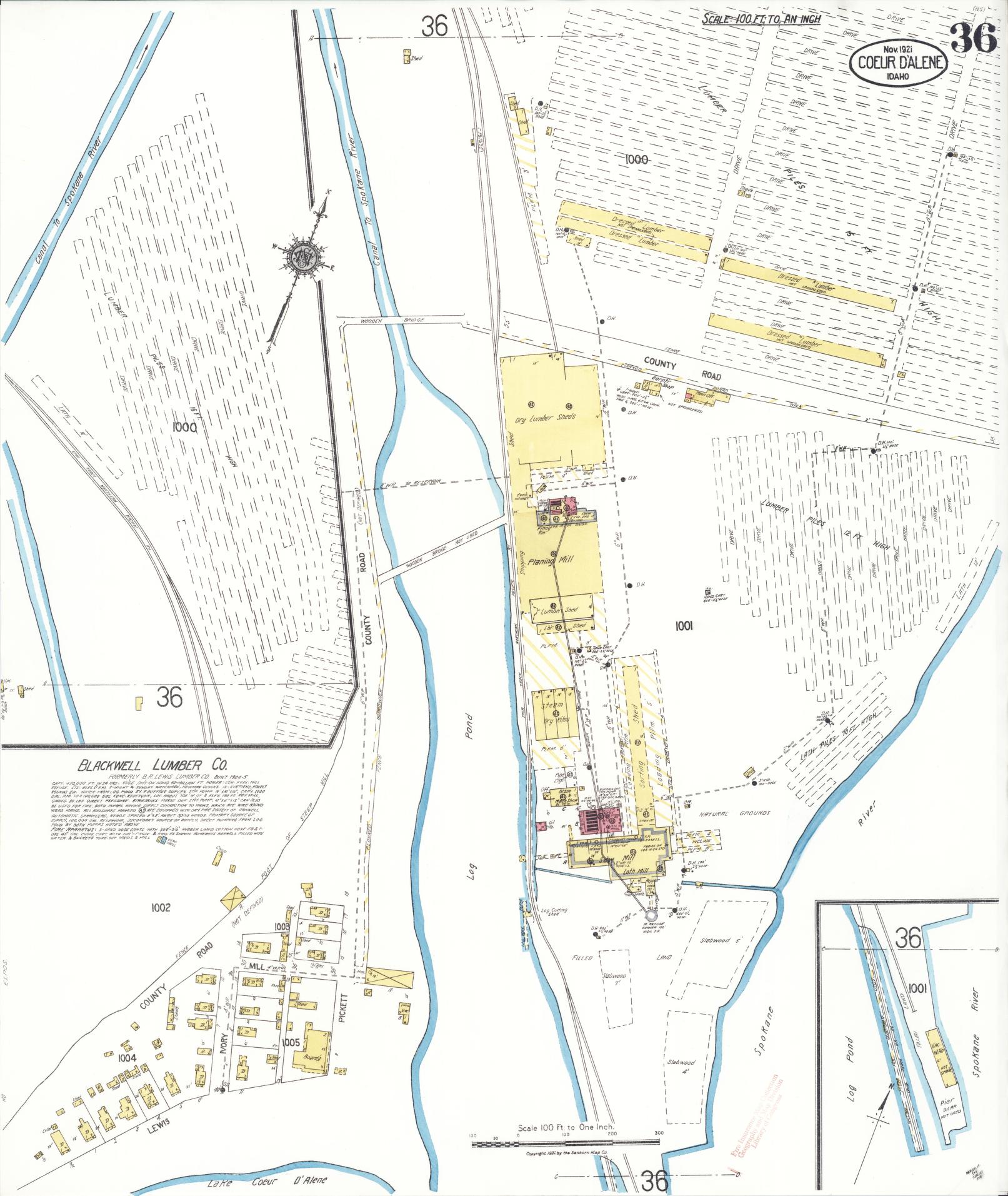 Sanborn Fire Insurance Map from Coeur D'alene, Kootenai County, Idaho (1921), Sheet #0036 - Historic Sanborn Fire Insurance Map Print, vintage old map wall art, antique decor, genealogy gift, Idaho Idaho map
