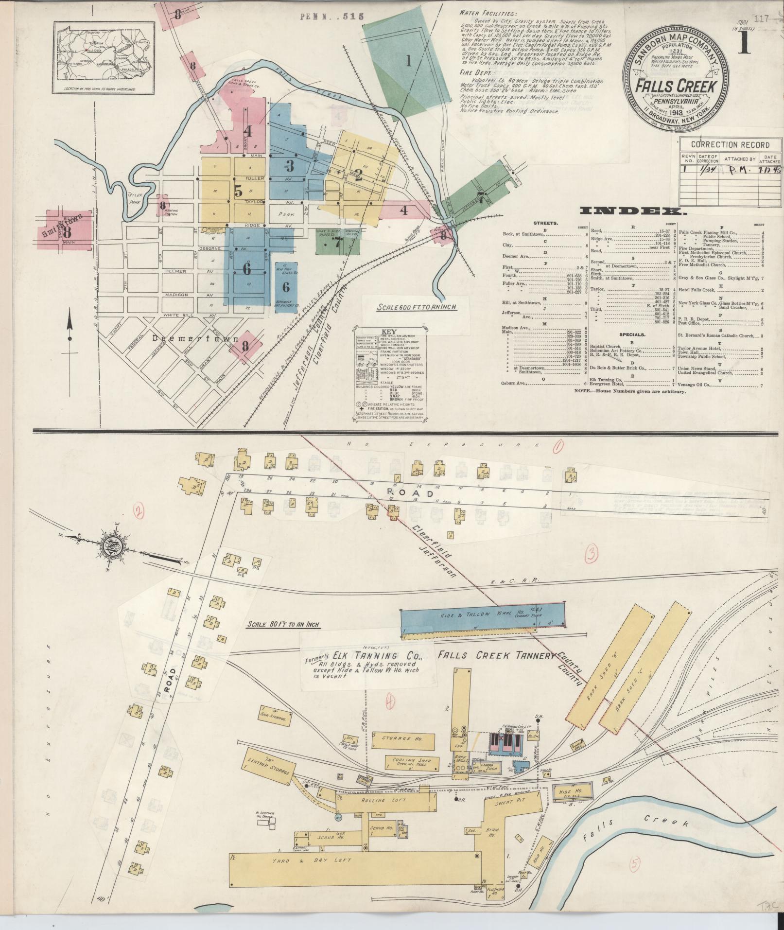 Sanborn Fire Insurance Map from Falls Creek, Jefferson And Clearfield Counties, Pennsylvania (1934), Sheet #0001 - Historic Sanborn Fire Insurance Map Print, vintage old map wall art, antique decor, genealogy gift, Pennsylvania Pennsylvania map